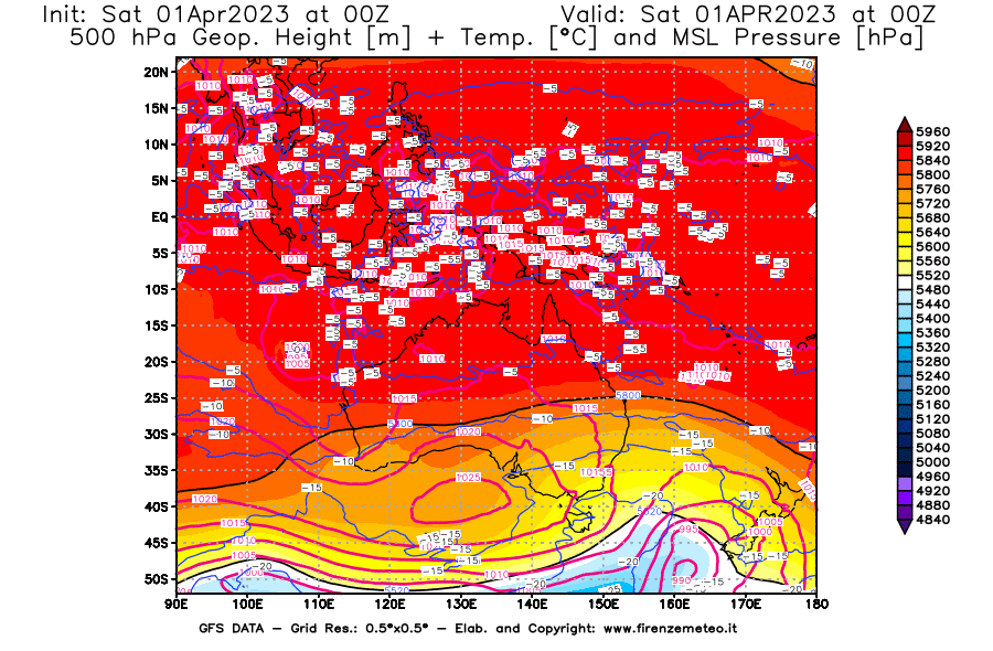 Mappa di analisi GFS - Geopotenziale [m] + Temp. [°C] a 500 hPa + Press. a livello del mare [hPa] in Oceania
							del 01/04/2023 00 <!--googleoff: index-->UTC<!--googleon: index-->