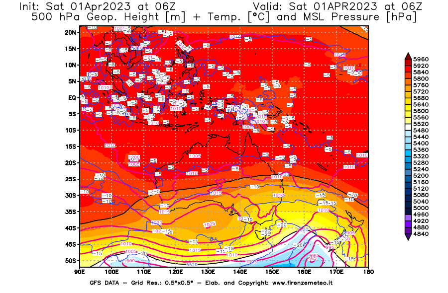 Mappa di analisi GFS - Geopotenziale [m] + Temp. [°C] a 500 hPa + Press. a livello del mare [hPa] in Oceania
							del 01/04/2023 06 <!--googleoff: index-->UTC<!--googleon: index-->