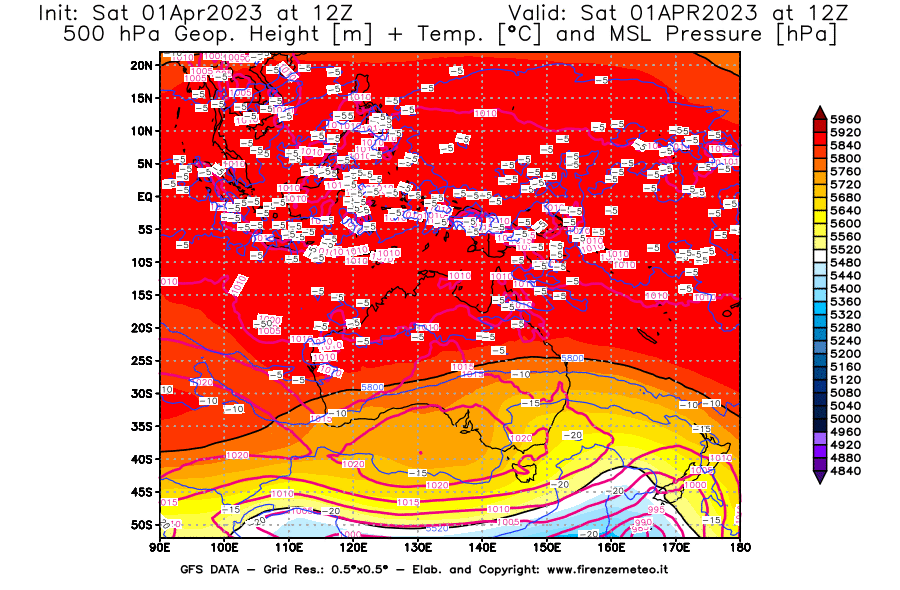 GFS analysi map - Geopotential [m] + Temp. [°C] at 500 hPa + Sea Level Pressure [hPa] in Oceania
									on 01/04/2023 12 <!--googleoff: index-->UTC<!--googleon: index-->