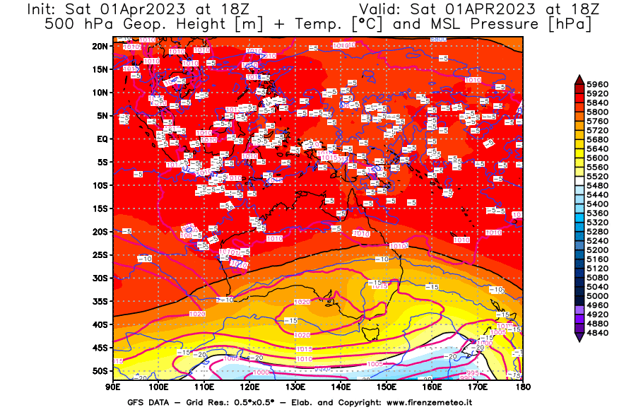 GFS analysi map - Geopotential [m] + Temp. [°C] at 500 hPa + Sea Level Pressure [hPa] in Oceania
									on 01/04/2023 18 <!--googleoff: index-->UTC<!--googleon: index-->