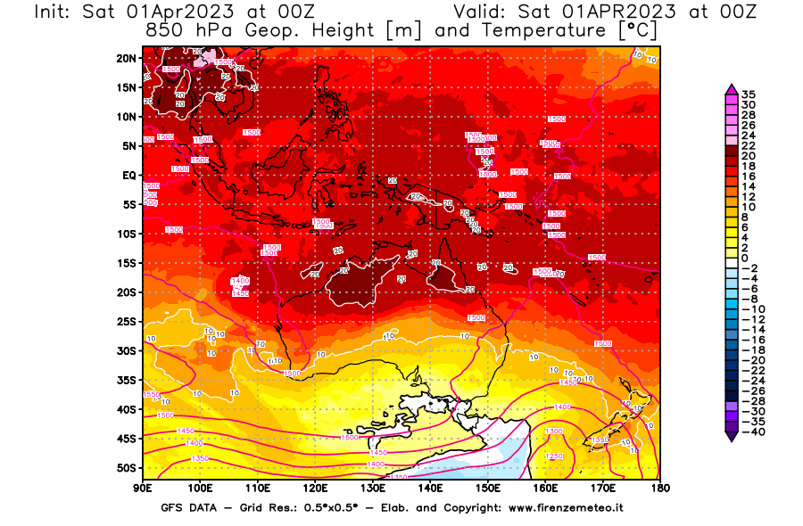Mappa di analisi GFS - Geopotenziale [m] e Temperatura [°C] a 850 hPa in Oceania
							del 01/04/2023 00 <!--googleoff: index-->UTC<!--googleon: index-->