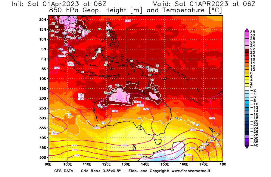 Mappa di analisi GFS - Geopotenziale [m] e Temperatura [°C] a 850 hPa in Oceania
							del 01/04/2023 06 <!--googleoff: index-->UTC<!--googleon: index-->