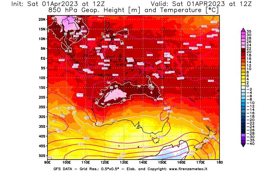 Mappa di analisi GFS - Geopotenziale [m] e Temperatura [°C] a 850 hPa in Oceania
							del 01/04/2023 12 <!--googleoff: index-->UTC<!--googleon: index-->