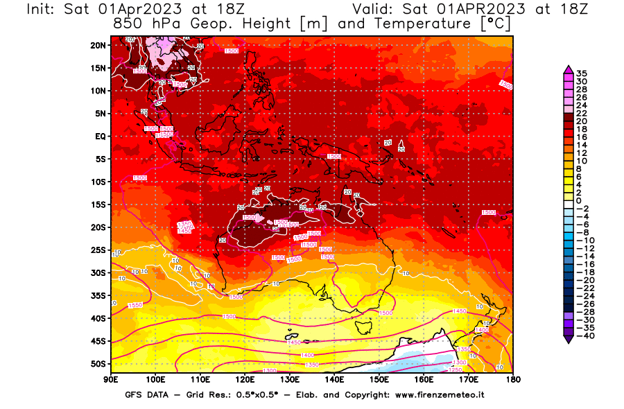 GFS analysi map - Geopotential [m] and Temperature [°C] at 850 hPa in Oceania
									on 01/04/2023 18 <!--googleoff: index-->UTC<!--googleon: index-->