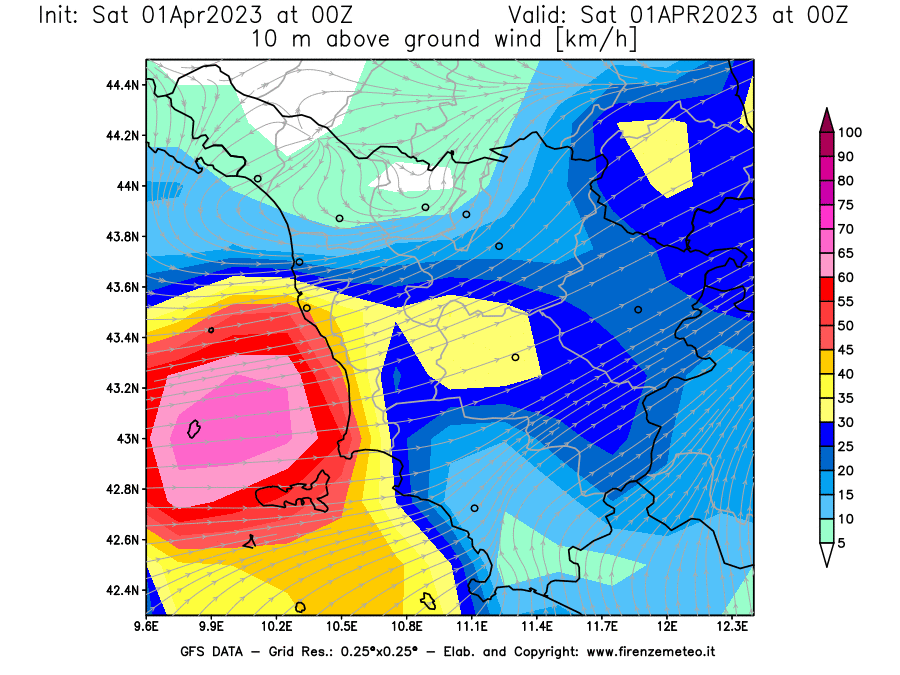 Mappa di analisi GFS - Velocità del vento a 10 metri dal suolo [km/h] in Toscana
							del 01/04/2023 00 <!--googleoff: index-->UTC<!--googleon: index-->