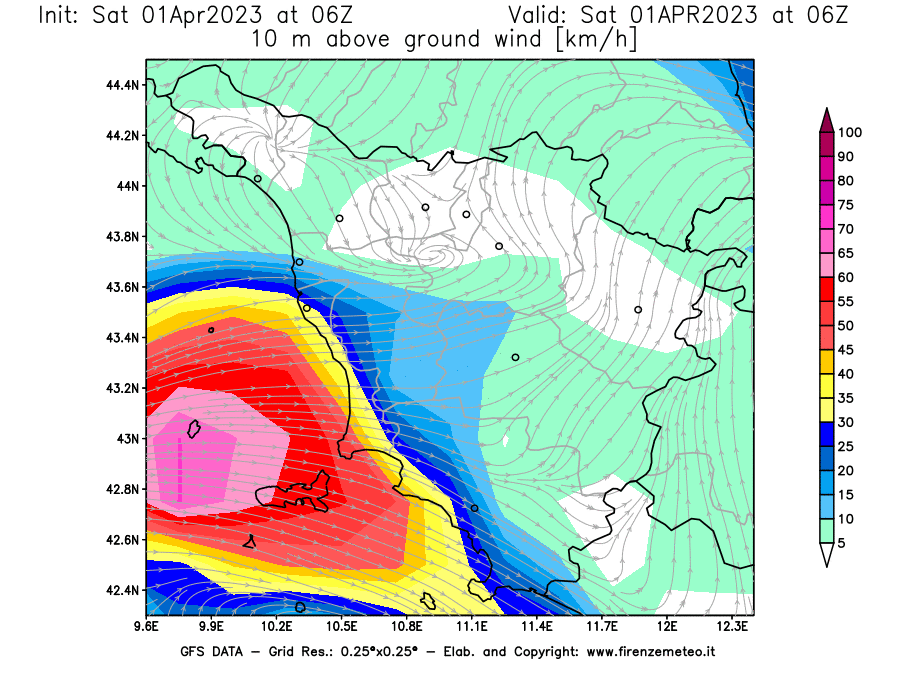 Mappa di analisi GFS - Velocità del vento a 10 metri dal suolo [km/h] in Toscana
							del 01/04/2023 06 <!--googleoff: index-->UTC<!--googleon: index-->