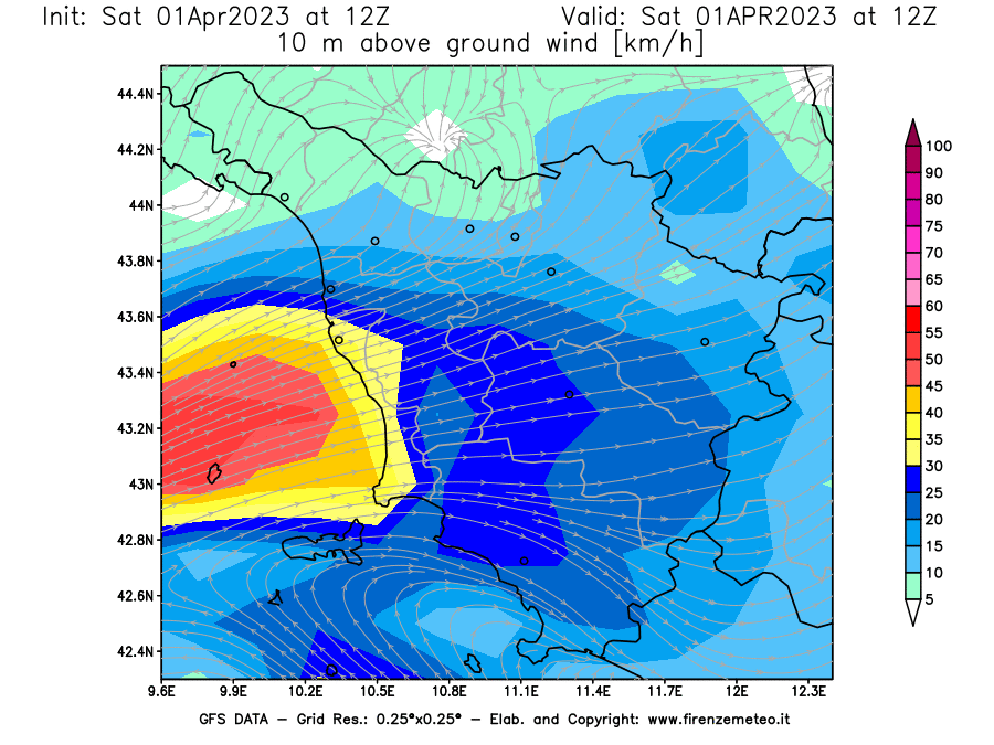 Mappa di analisi GFS - Velocità del vento a 10 metri dal suolo [km/h] in Toscana
							del 01/04/2023 12 <!--googleoff: index-->UTC<!--googleon: index-->