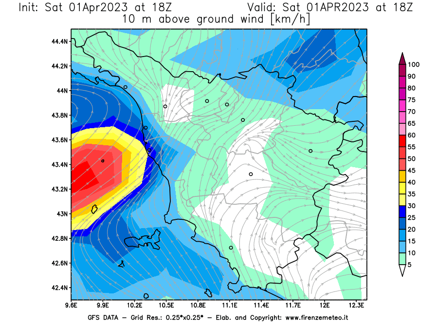 Mappa di analisi GFS - Velocità del vento a 10 metri dal suolo [km/h] in Toscana
							del 01/04/2023 18 <!--googleoff: index-->UTC<!--googleon: index-->