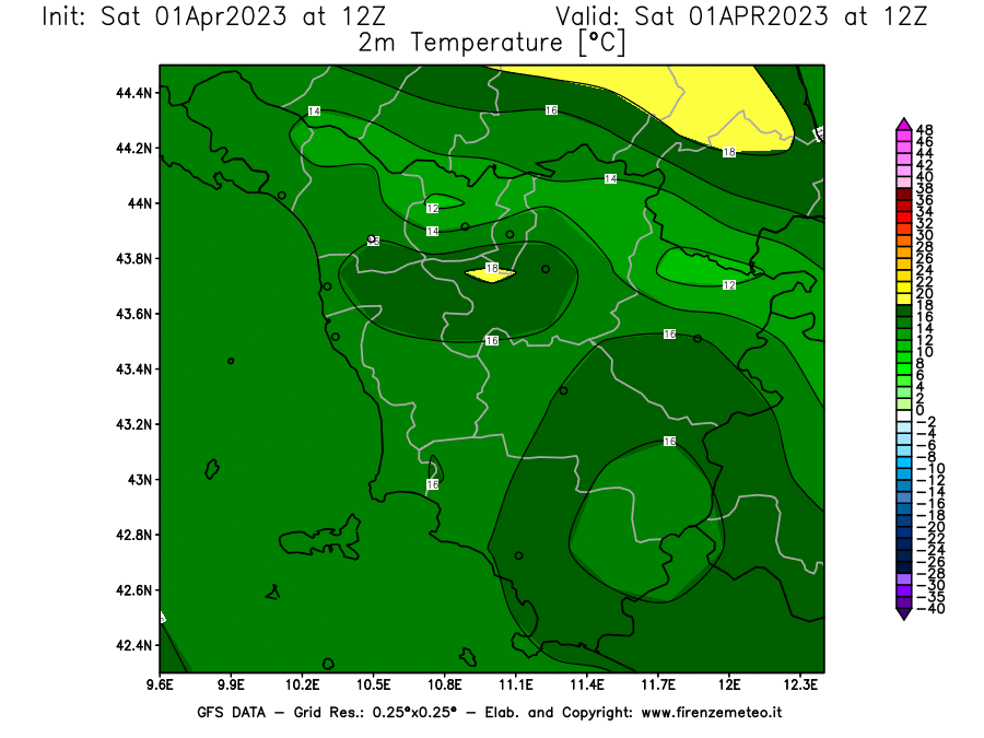 GFS analysi map - Temperature at 2 m above ground [°C] in Tuscany
									on 01/04/2023 12 <!--googleoff: index-->UTC<!--googleon: index-->