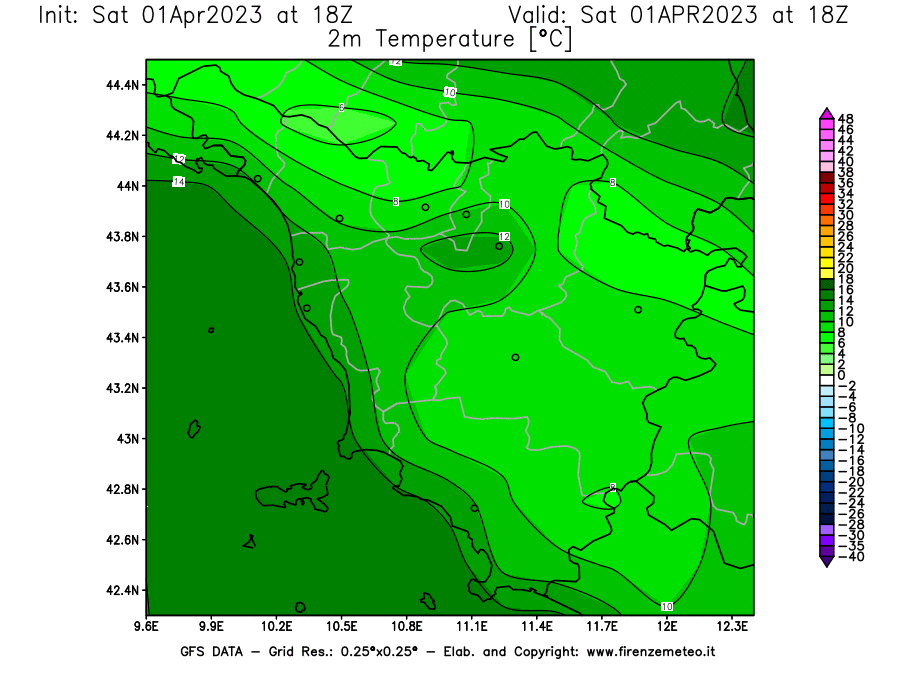 GFS analysi map - Temperature at 2 m above ground [°C] in Tuscany
									on 01/04/2023 18 <!--googleoff: index-->UTC<!--googleon: index-->