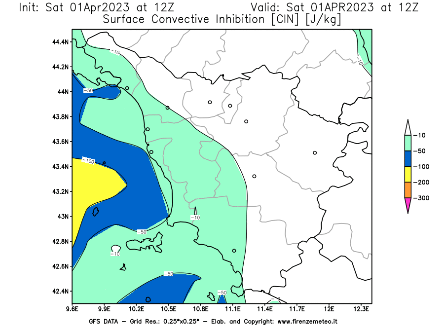 Mappa di analisi GFS - CIN [J/kg] in Toscana
							del 01/04/2023 12 <!--googleoff: index-->UTC<!--googleon: index-->