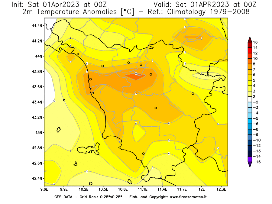 Mappa di analisi GFS - Anomalia Temperatura [°C] a 2 m in Toscana
							del 01/04/2023 00 <!--googleoff: index-->UTC<!--googleon: index-->