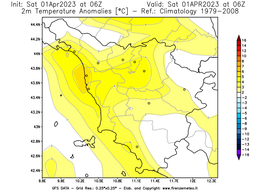 Mappa di analisi GFS - Anomalia Temperatura [°C] a 2 m in Toscana
							del 01/04/2023 06 <!--googleoff: index-->UTC<!--googleon: index-->