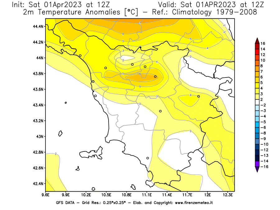 GFS analysi map - Temperature Anomalies [°C] at 2 m in Tuscany
									on 01/04/2023 12 <!--googleoff: index-->UTC<!--googleon: index-->