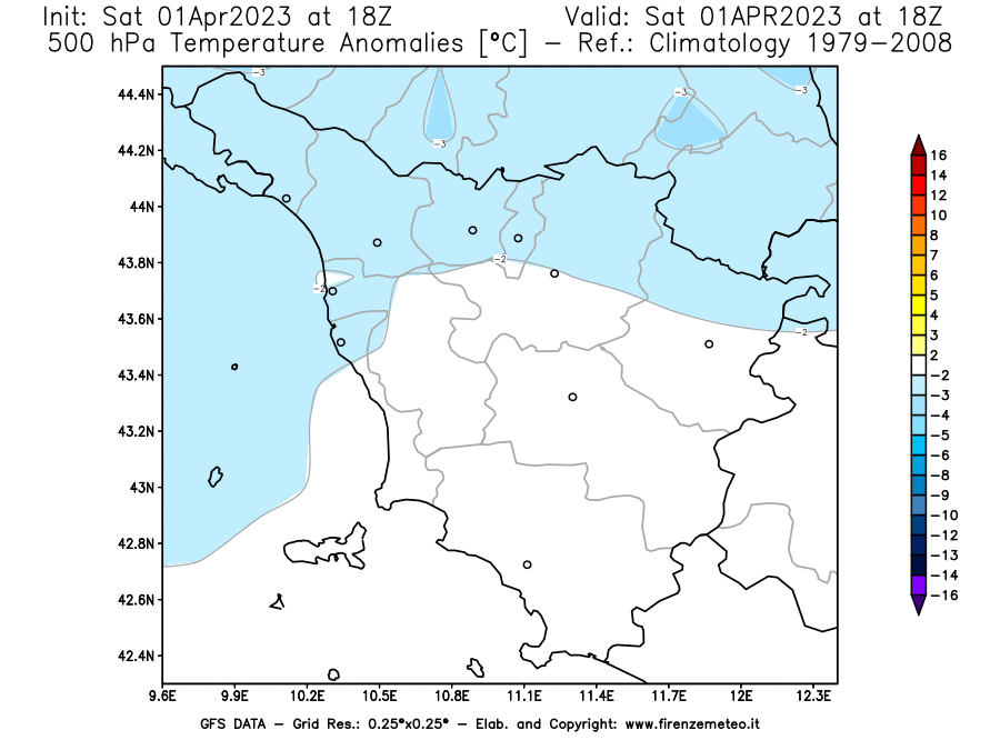 Mappa di analisi GFS - Anomalia Temperatura [°C] a 500 hPa in Toscana
							del 01/04/2023 18 <!--googleoff: index-->UTC<!--googleon: index-->