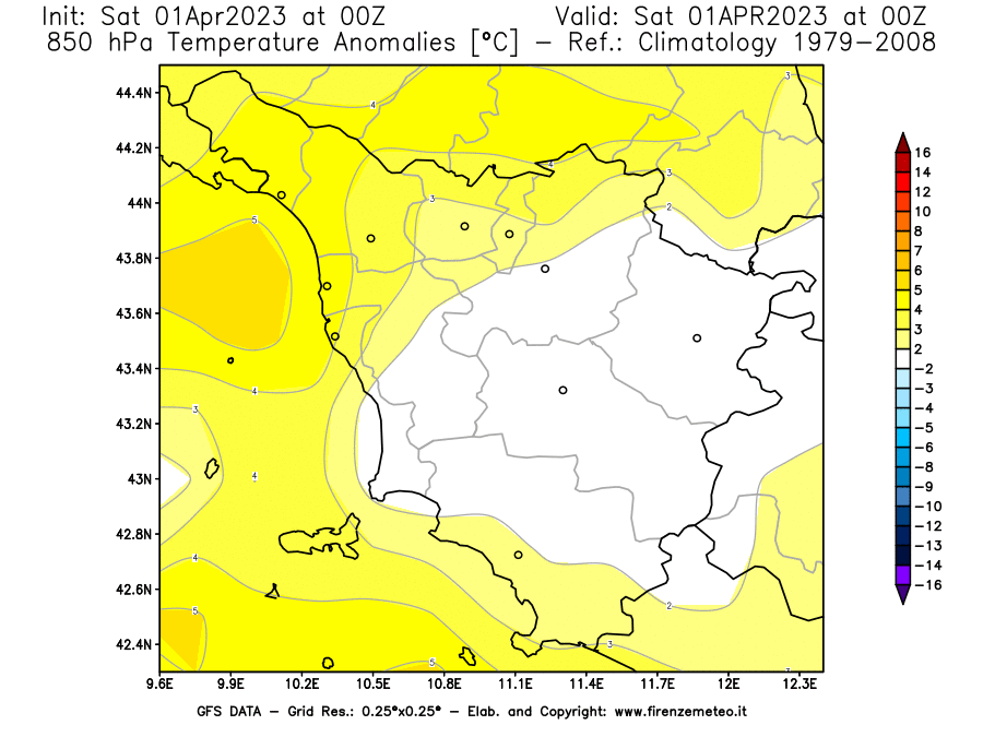 Mappa di analisi GFS - Anomalia Temperatura [°C] a 850 hPa in Toscana
							del 01/04/2023 00 <!--googleoff: index-->UTC<!--googleon: index-->