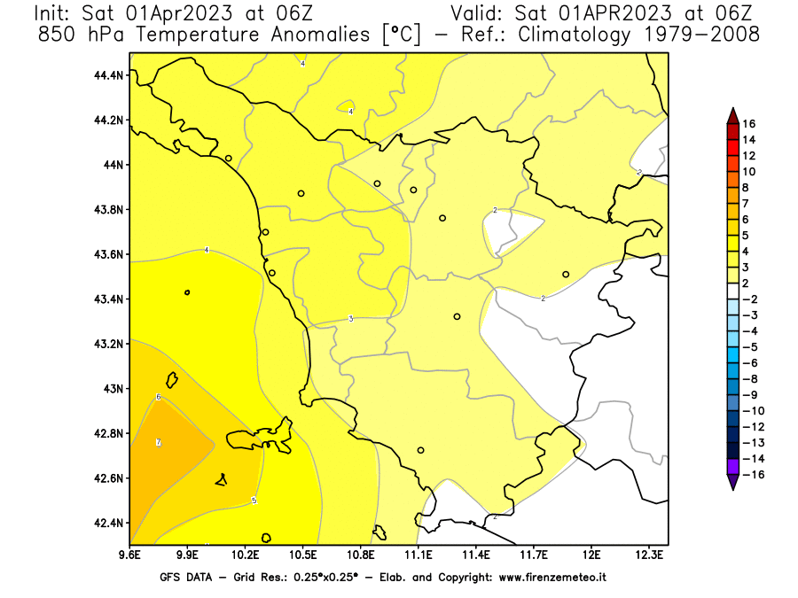 GFS analysi map - Temperature Anomalies [°C] at 850 hPa in Tuscany
									on 01/04/2023 06 <!--googleoff: index-->UTC<!--googleon: index-->