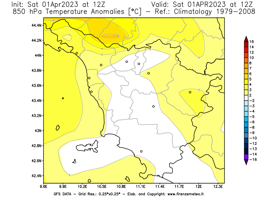 GFS analysi map - Temperature Anomalies [°C] at 850 hPa in Tuscany
									on 01/04/2023 12 <!--googleoff: index-->UTC<!--googleon: index-->