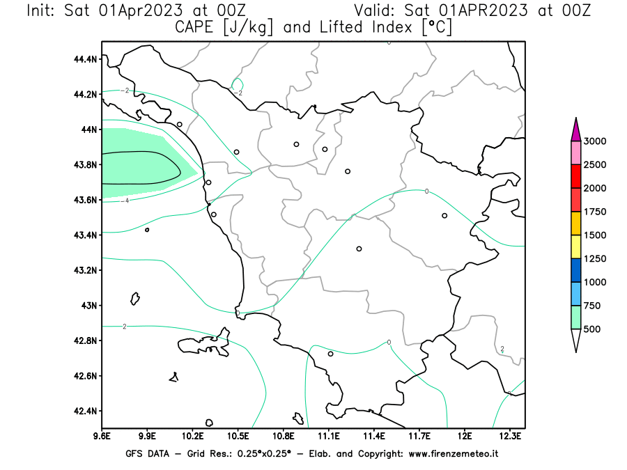 GFS analysi map - CAPE [J/kg] and Lifted Index [°C] in Tuscany
									on 01/04/2023 00 <!--googleoff: index-->UTC<!--googleon: index-->