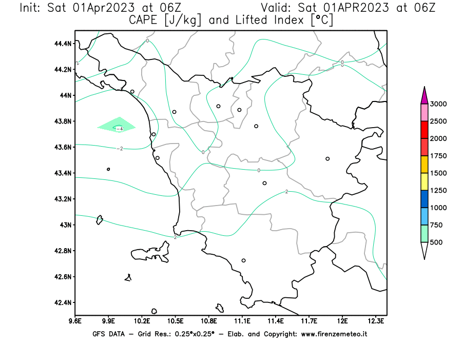 Mappa di analisi GFS - CAPE [J/kg] e Lifted Index [°C] in Toscana
							del 01/04/2023 06 <!--googleoff: index-->UTC<!--googleon: index-->