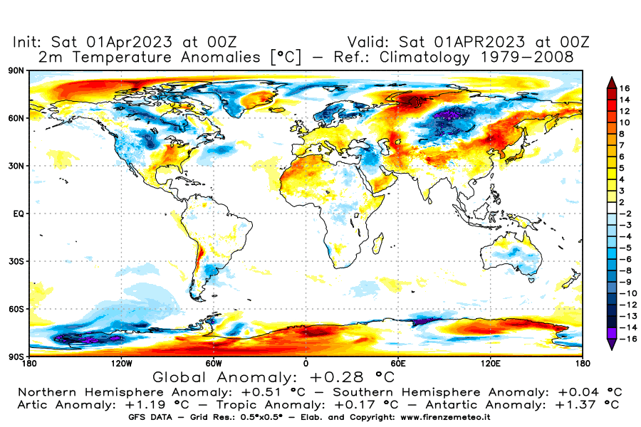 Mappa di analisi GFS - Anomalia Temperatura [°C] a 2 m in World
							del 01/04/2023 00 <!--googleoff: index-->UTC<!--googleon: index-->