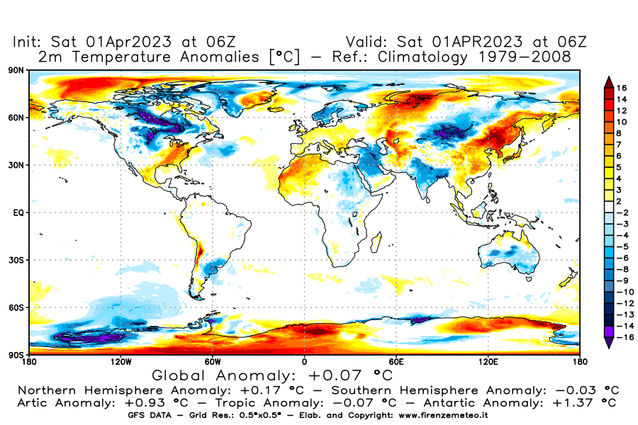 Mappa di analisi GFS - Anomalia Temperatura [°C] a 2 m in World
							del 01/04/2023 06 <!--googleoff: index-->UTC<!--googleon: index-->