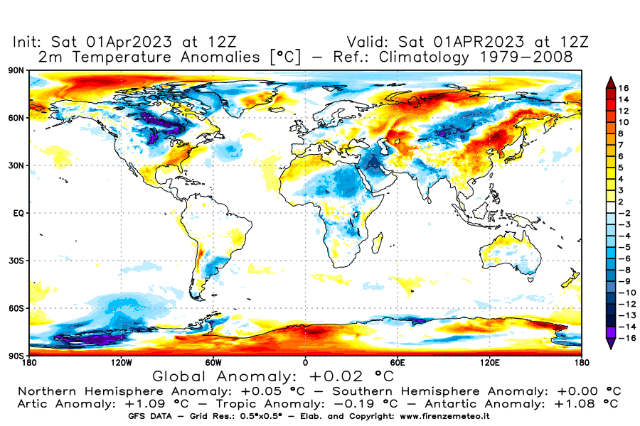 Mappa di analisi GFS - Anomalia Temperatura [°C] a 2 m in World
							del 01/04/2023 12 <!--googleoff: index-->UTC<!--googleon: index-->