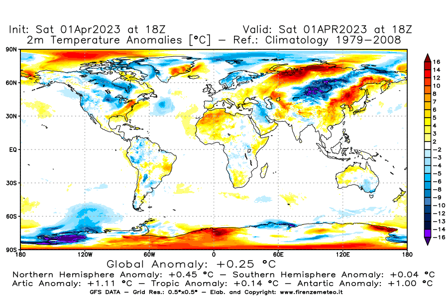 Mappa di analisi GFS - Anomalia Temperatura [°C] a 2 m in World
							del 01/04/2023 18 <!--googleoff: index-->UTC<!--googleon: index-->