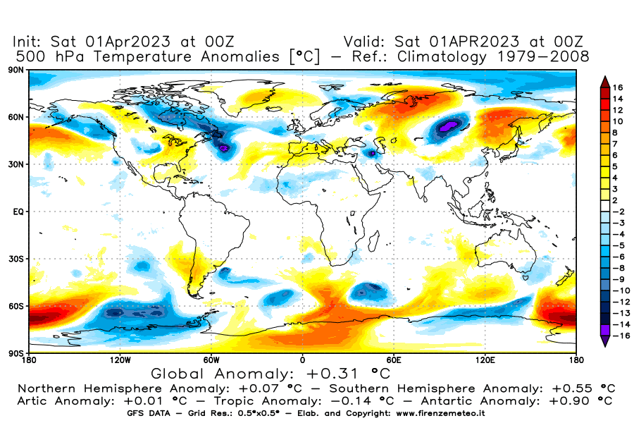 Mappa di analisi GFS - Anomalia Temperatura [°C] a 500 hPa in World
							del 01/04/2023 00 <!--googleoff: index-->UTC<!--googleon: index-->