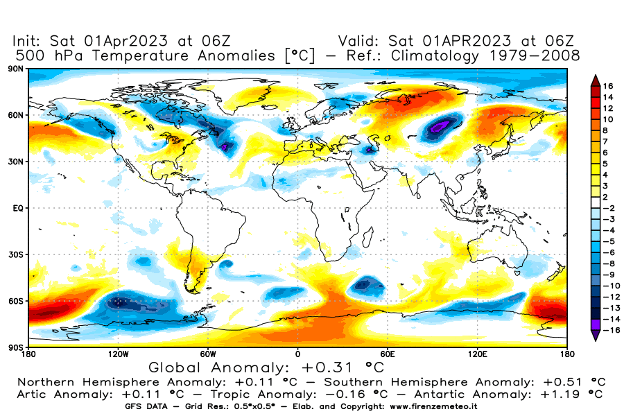 Mappa di analisi GFS - Anomalia Temperatura [°C] a 500 hPa in World
							del 01/04/2023 06 <!--googleoff: index-->UTC<!--googleon: index-->