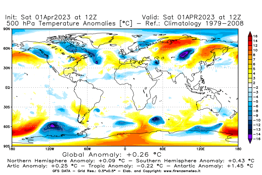 Mappa di analisi GFS - Anomalia Temperatura [°C] a 500 hPa in World
							del 01/04/2023 12 <!--googleoff: index-->UTC<!--googleon: index-->