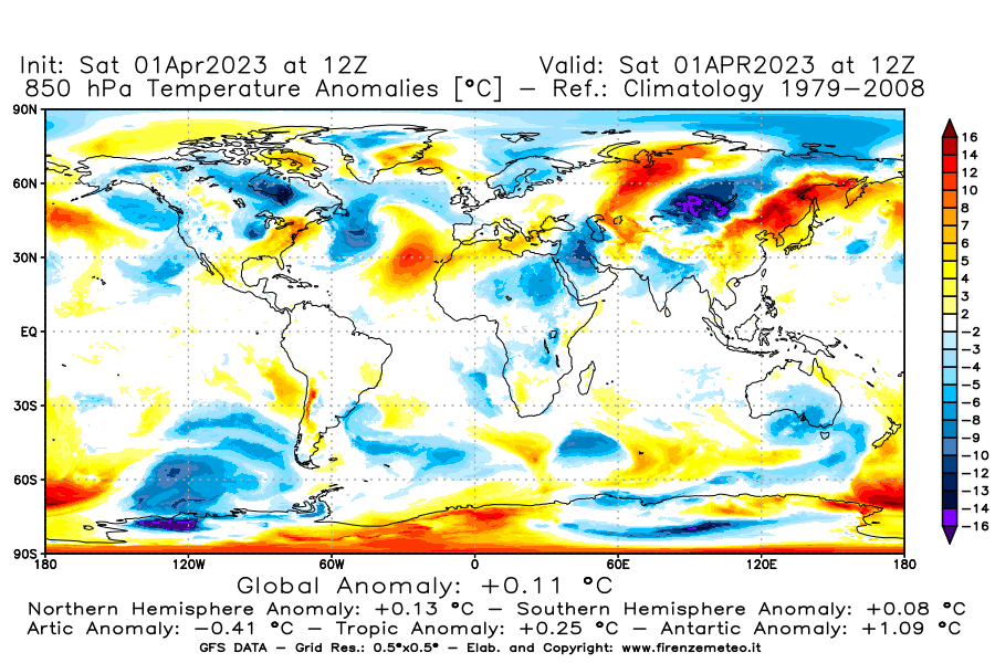 Mappa di analisi GFS - Anomalia Temperatura [°C] a 850 hPa in World
							del 01/04/2023 12 <!--googleoff: index-->UTC<!--googleon: index-->