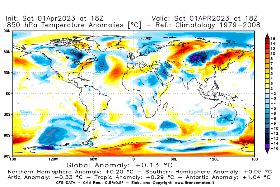 Mappa di analisi GFS - Anomalia Temperatura [°C] a 850 hPa in World
							del 01/04/2023 18 <!--googleoff: index-->UTC<!--googleon: index-->
