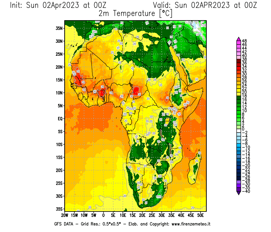 Mappa di analisi GFS - Temperatura a 2 metri dal suolo [°C] in Africa
							del 02/04/2023 00 <!--googleoff: index-->UTC<!--googleon: index-->