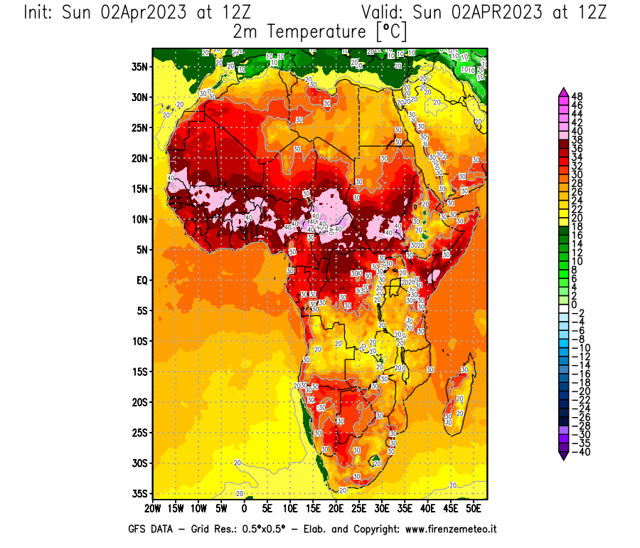 Mappa di analisi GFS - Temperatura a 2 metri dal suolo [°C] in Africa
							del 02/04/2023 12 <!--googleoff: index-->UTC<!--googleon: index-->