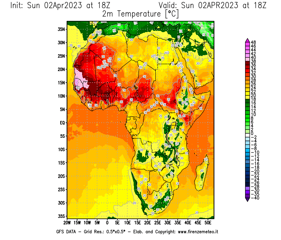 GFS analysi map - Temperature at 2 m above ground [°C] in Africa
									on 02/04/2023 18 <!--googleoff: index-->UTC<!--googleon: index-->