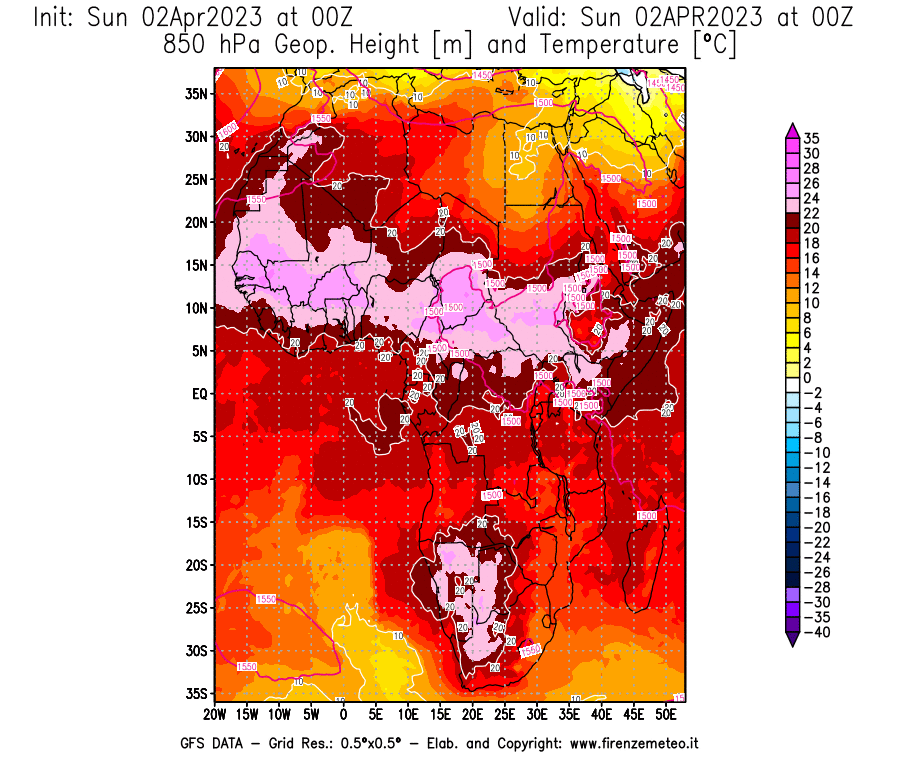 Mappa di analisi GFS - Geopotenziale [m] e Temperatura [°C] a 850 hPa in Africa
							del 02/04/2023 00 <!--googleoff: index-->UTC<!--googleon: index-->