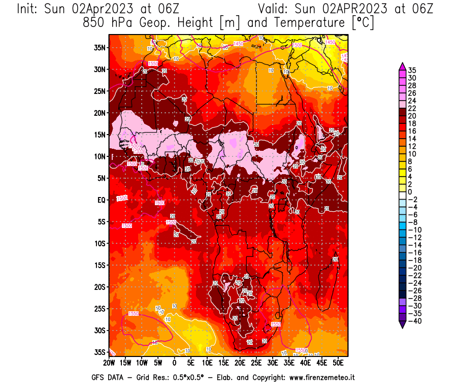 GFS analysi map - Geopotential [m] and Temperature [°C] at 850 hPa in Africa
									on 02/04/2023 06 <!--googleoff: index-->UTC<!--googleon: index-->