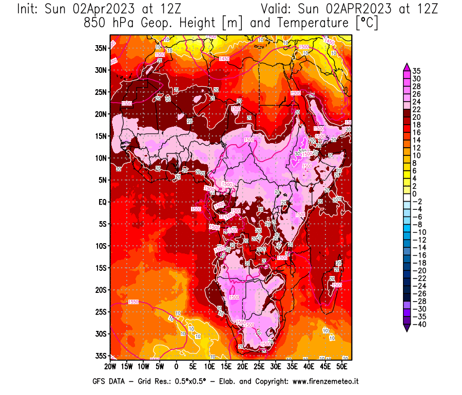 GFS analysi map - Geopotential [m] and Temperature [°C] at 850 hPa in Africa
									on 02/04/2023 12 <!--googleoff: index-->UTC<!--googleon: index-->