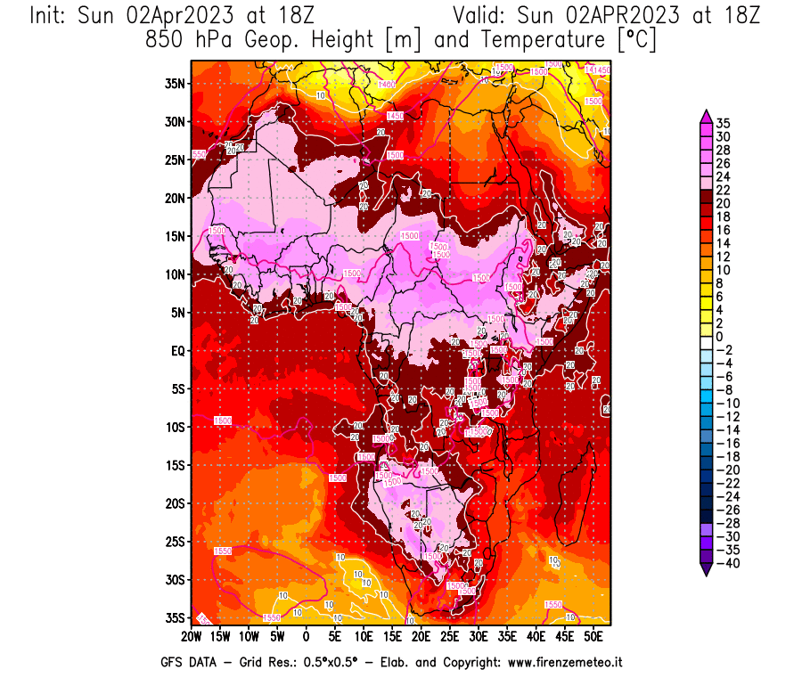 Mappa di analisi GFS - Geopotenziale [m] e Temperatura [°C] a 850 hPa in Africa
							del 02/04/2023 18 <!--googleoff: index-->UTC<!--googleon: index-->
