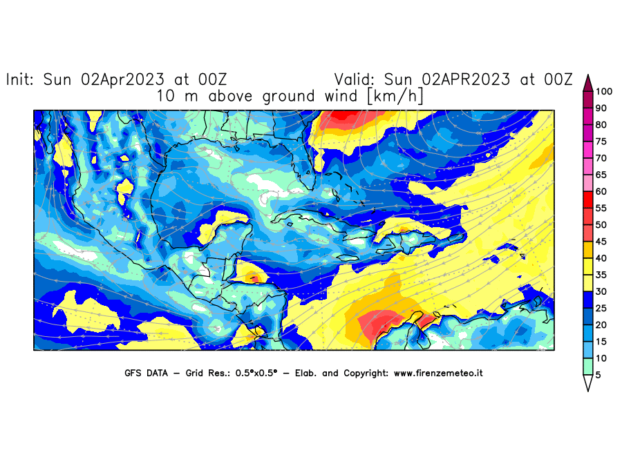 Mappa di analisi GFS - Velocità del vento a 10 metri dal suolo [km/h] in Centro-America
							del 02/04/2023 00 <!--googleoff: index-->UTC<!--googleon: index-->
