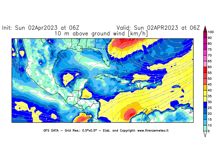 Mappa di analisi GFS - Velocità del vento a 10 metri dal suolo [km/h] in Centro-America
							del 02/04/2023 06 <!--googleoff: index-->UTC<!--googleon: index-->
