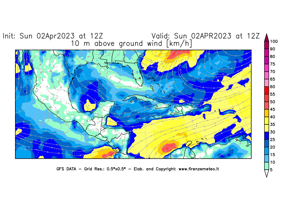 Mappa di analisi GFS - Velocità del vento a 10 metri dal suolo [km/h] in Centro-America
							del 02/04/2023 12 <!--googleoff: index-->UTC<!--googleon: index-->