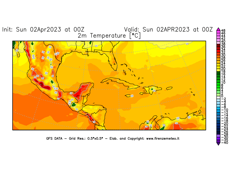 Mappa di analisi GFS - Temperatura a 2 metri dal suolo [°C] in Centro-America
							del 02/04/2023 00 <!--googleoff: index-->UTC<!--googleon: index-->