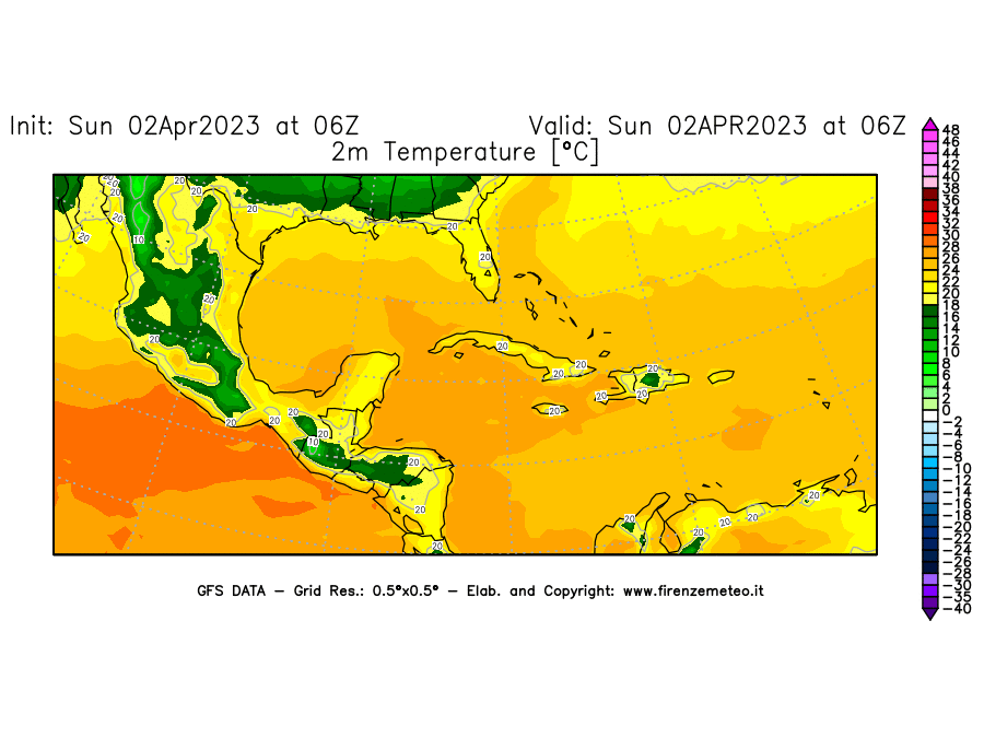Mappa di analisi GFS - Temperatura a 2 metri dal suolo [°C] in Centro-America
							del 02/04/2023 06 <!--googleoff: index-->UTC<!--googleon: index-->