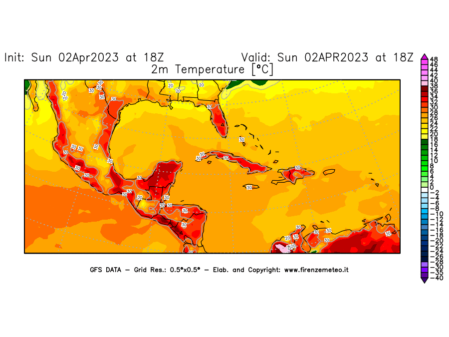 Mappa di analisi GFS - Temperatura a 2 metri dal suolo [°C] in Centro-America
							del 02/04/2023 18 <!--googleoff: index-->UTC<!--googleon: index-->