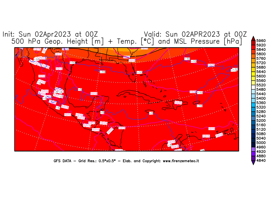 Mappa di analisi GFS - Geopotenziale [m] + Temp. [°C] a 500 hPa + Press. a livello del mare [hPa] in Centro-America
							del 02/04/2023 00 <!--googleoff: index-->UTC<!--googleon: index-->