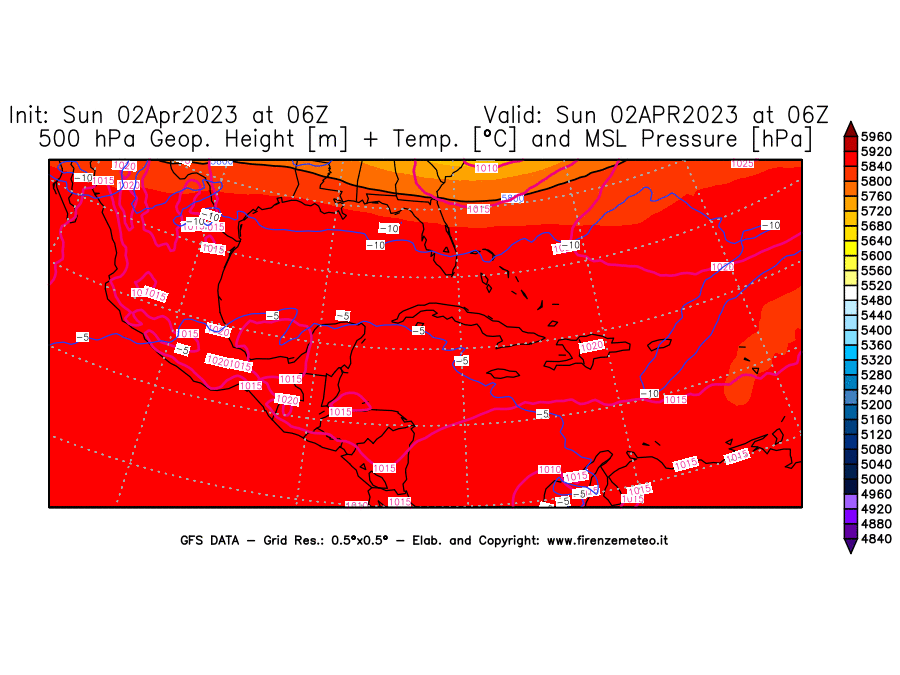 GFS analysi map - Geopotential [m] + Temp. [°C] at 500 hPa + Sea Level Pressure [hPa] in Central America
									on 02/04/2023 06 <!--googleoff: index-->UTC<!--googleon: index-->