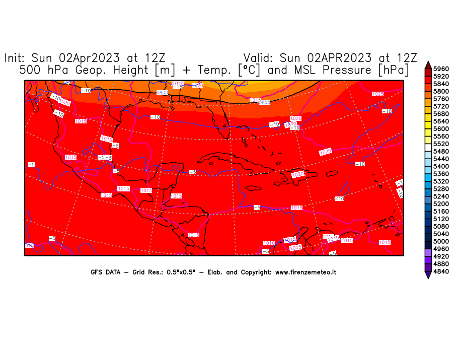 Mappa di analisi GFS - Geopotenziale [m] + Temp. [°C] a 500 hPa + Press. a livello del mare [hPa] in Centro-America
							del 02/04/2023 12 <!--googleoff: index-->UTC<!--googleon: index-->
