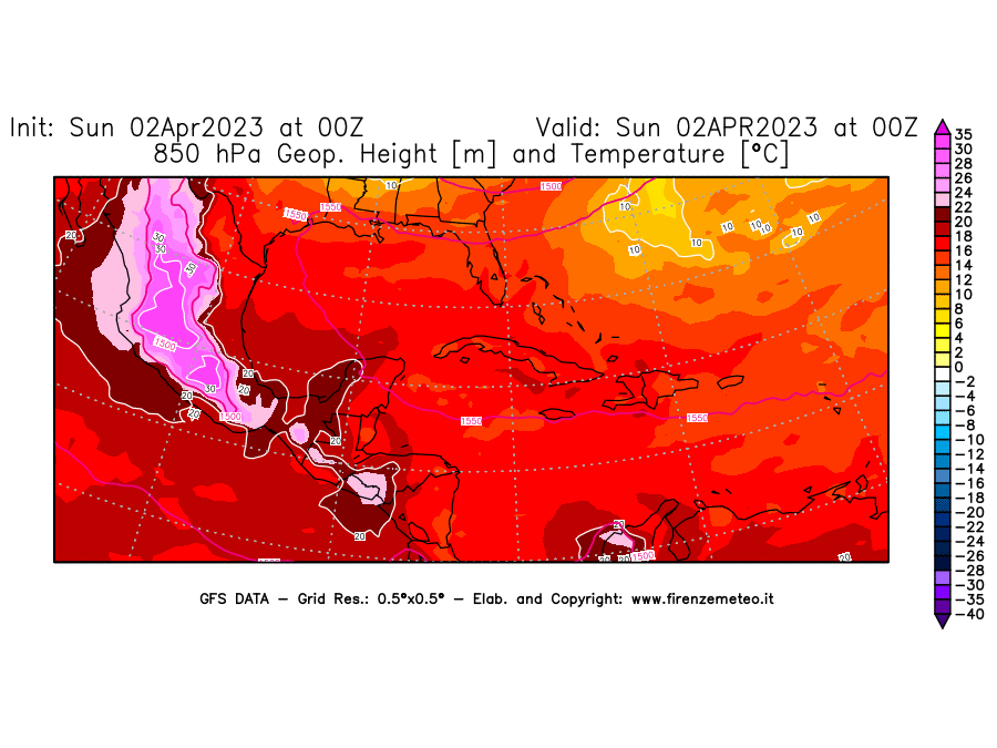 GFS analysi map - Geopotential [m] and Temperature [°C] at 850 hPa in Central America
									on 02/04/2023 00 <!--googleoff: index-->UTC<!--googleon: index-->